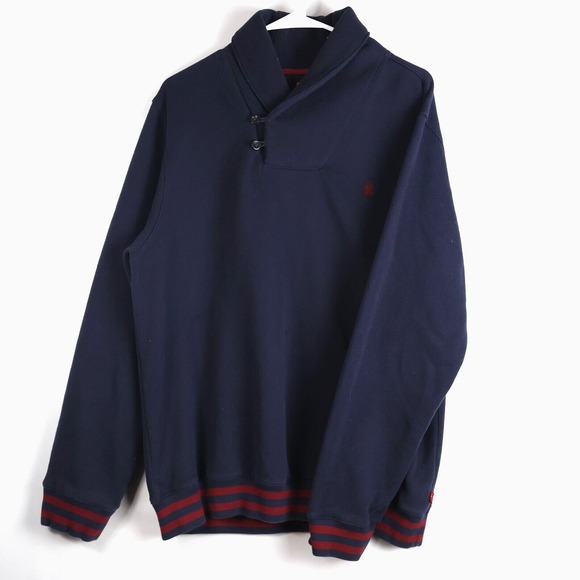 Izod Men's L Varsity Fleece Sweatshirt Blue Pullover Shawl Red Stripe LG - Picture 1 of 11